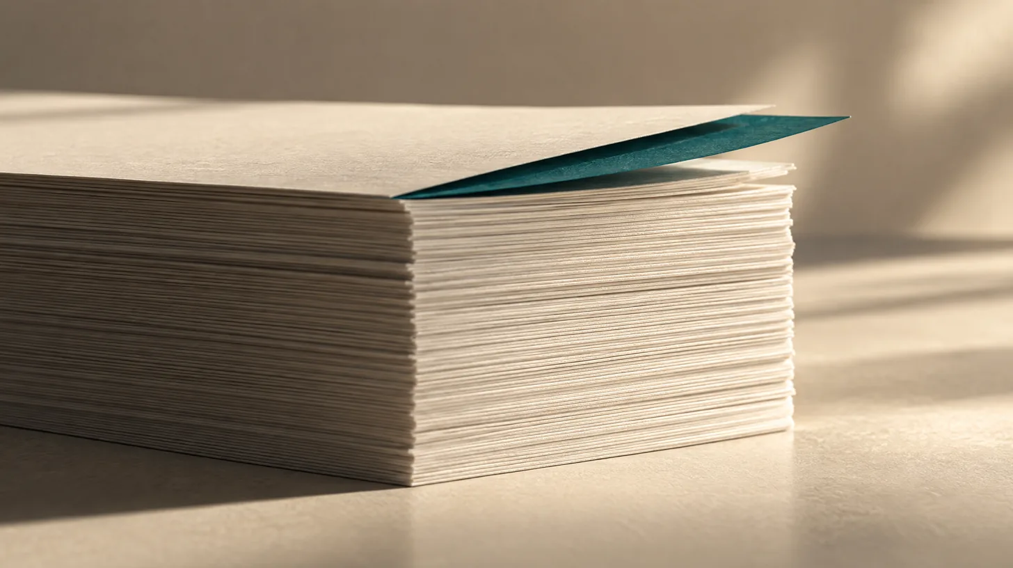 A tall stack of cream paper with one thin teal sheet lifted from the top, representing the small override fee an aggregator takes