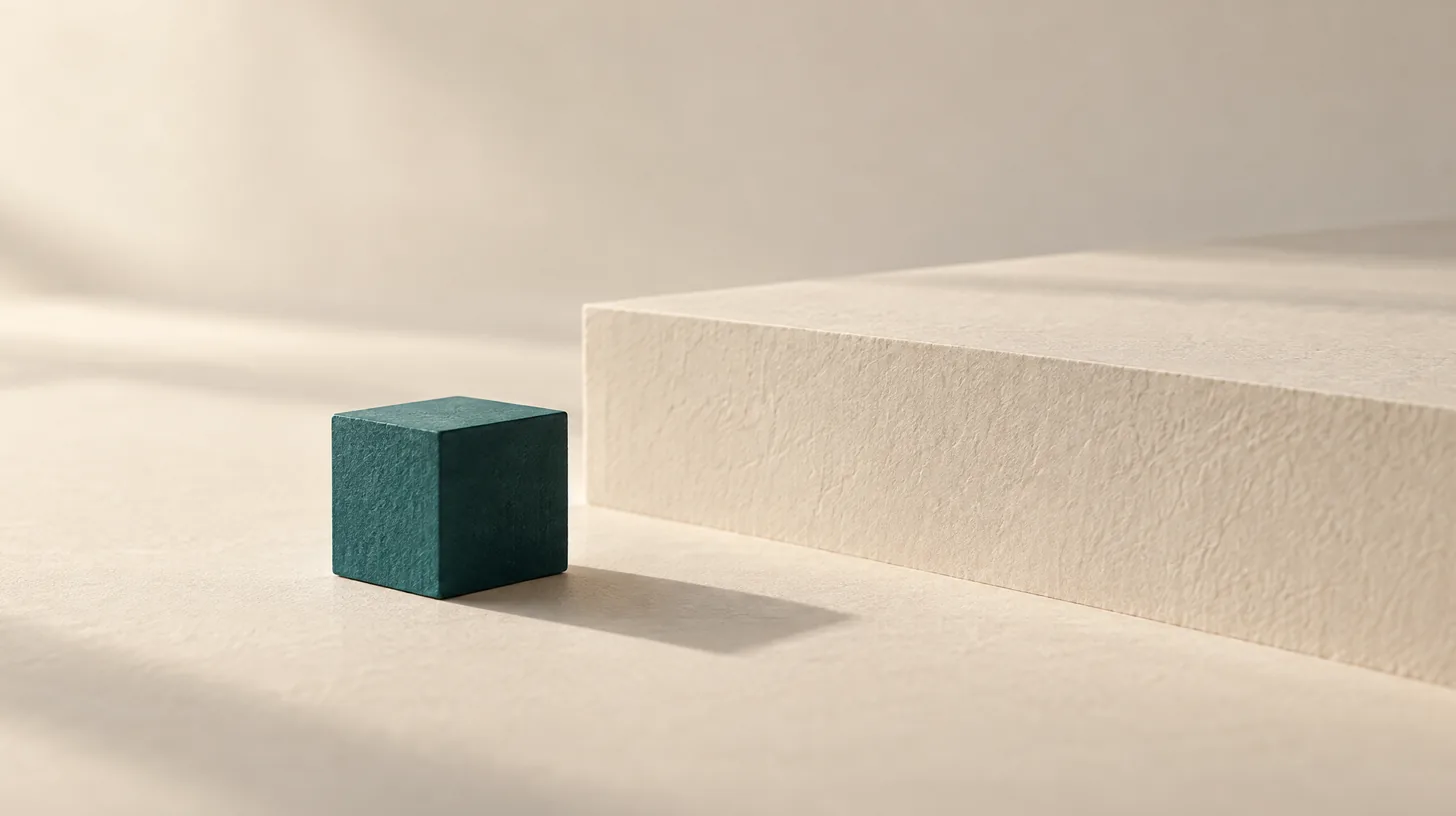 A small teal cube beside a cream step riser, representing a new agent taking the first step into an aggregator network