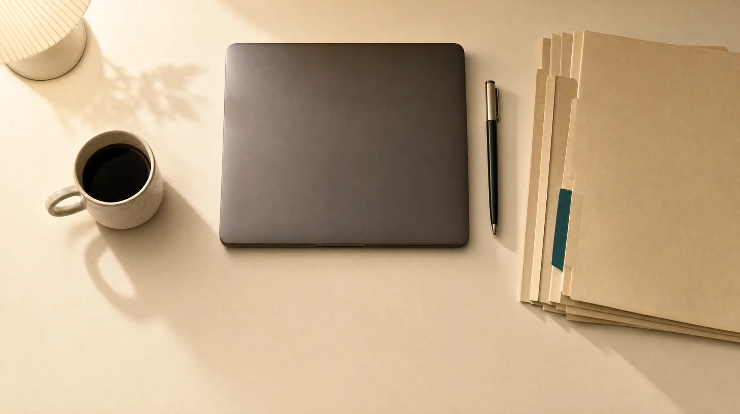 Organized agency desk with a closed laptop, client folders and coffee, representing agency management system workflow