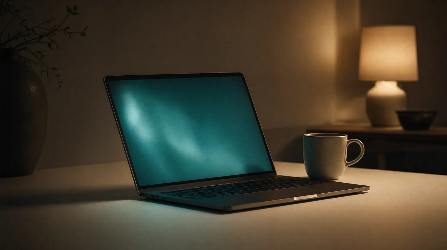 A single laptop glowing teal on a desk in a dim evening room, representing evaluating AMS360 agency management software