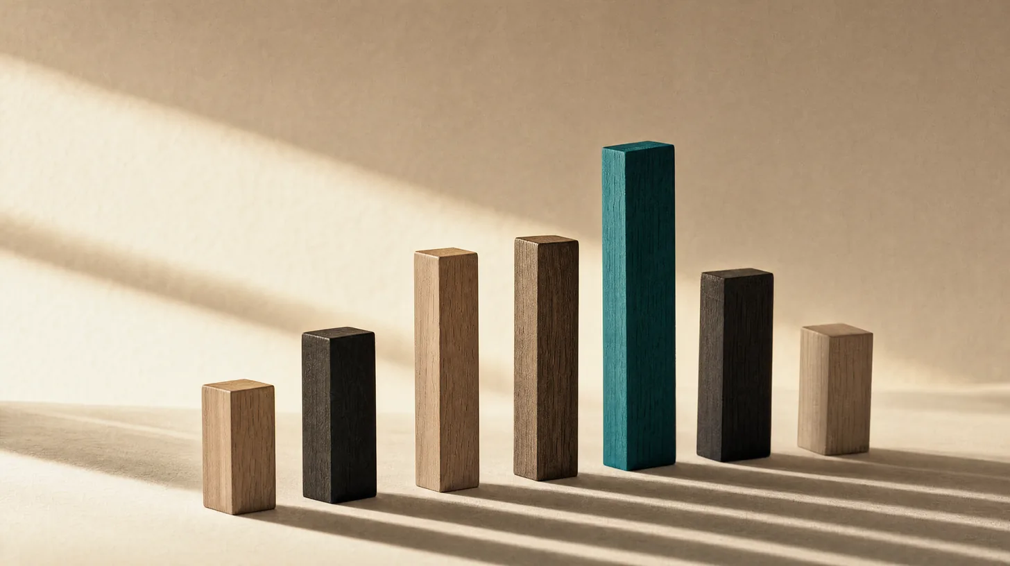 Wooden blocks of varying heights arranged as a bar chart with the tallest in teal, representing commission rate benchmarks by line