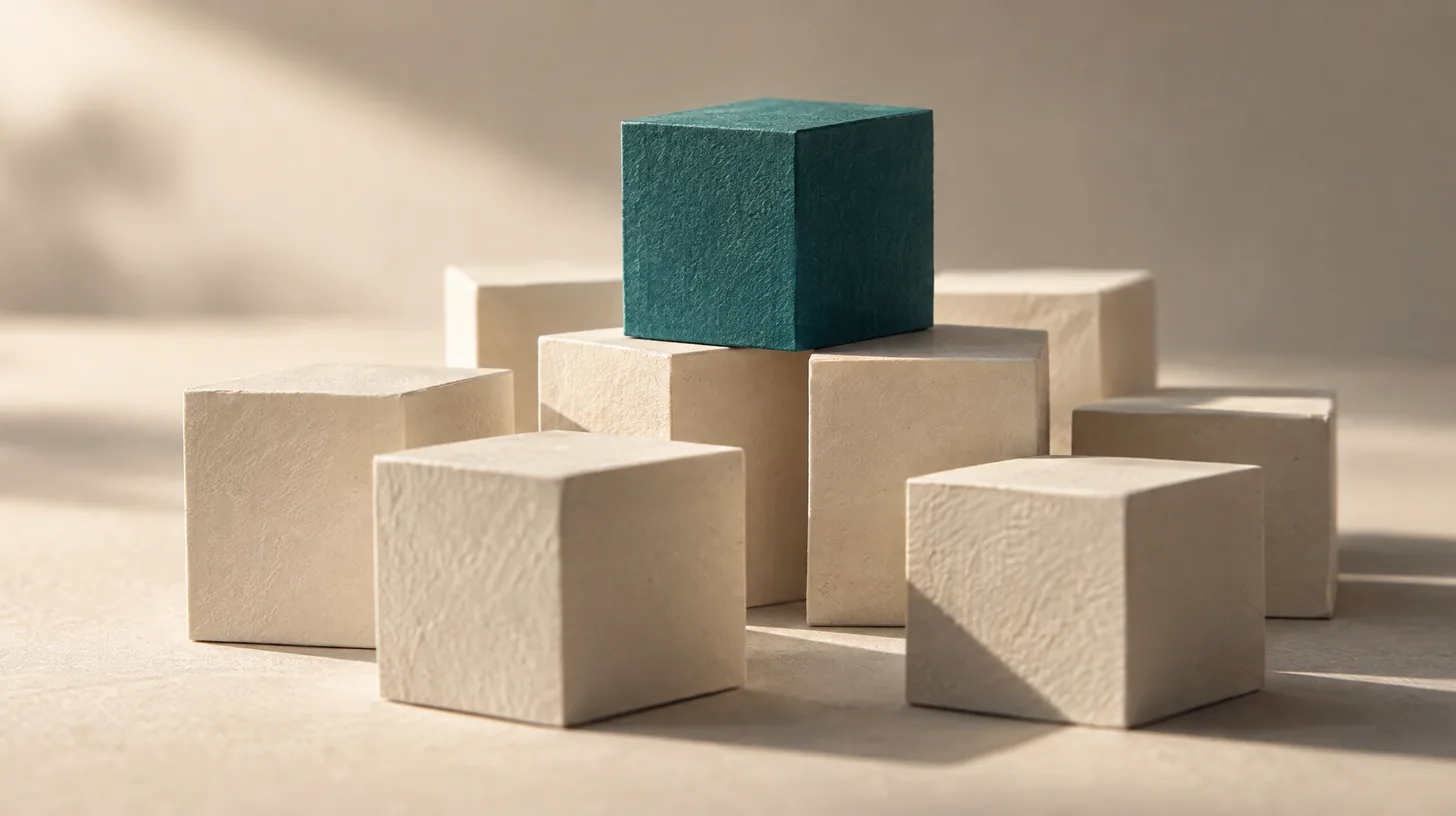 A cluster of cream cubes with a single teal cube resting on top, representing the best insurance aggregator among many networks