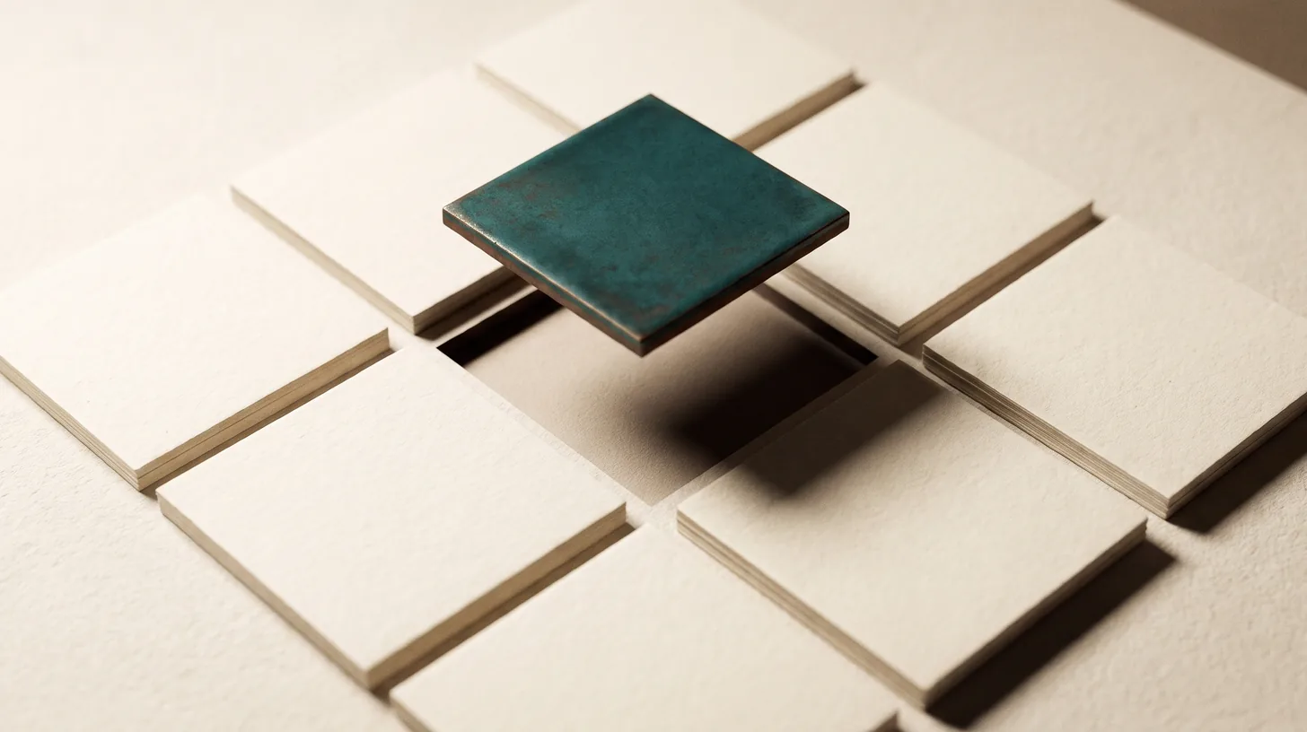 A teal tile hovering above the single empty gap in a grid of cream tiles, representing finding the right carrier fit for an agency