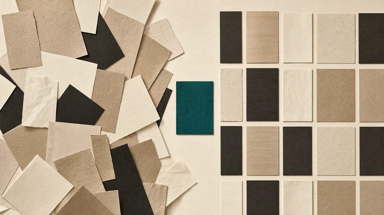 Scattered paper on the left resolving into an ordered grid on the right, representing how a comparative rater organizes quoting