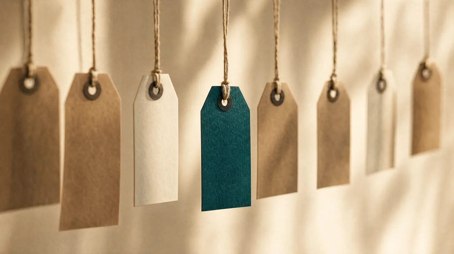 Row of hanging blank price tags with one in teal, representing what insurance leads actually cost per lead