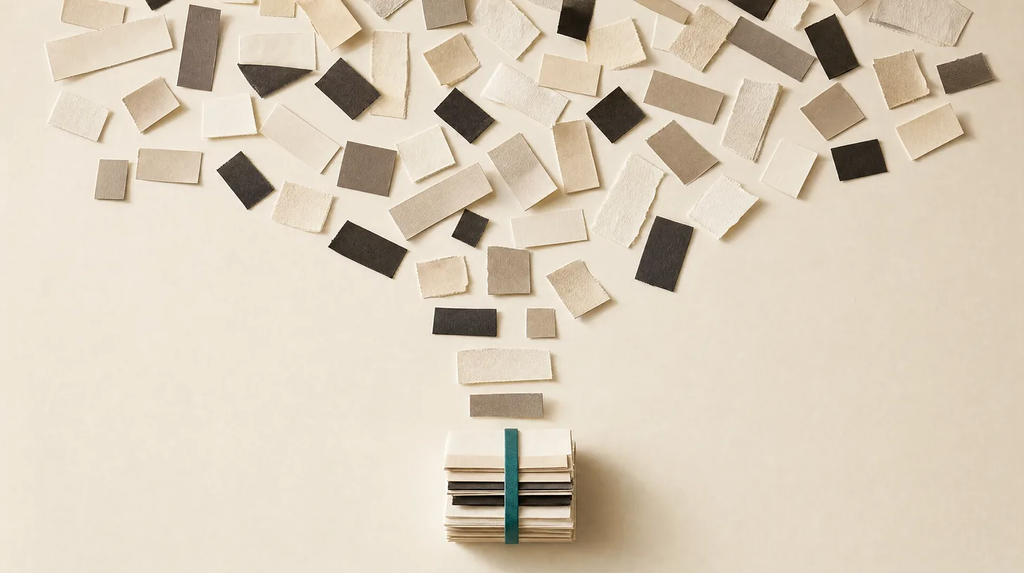Many scattered paper slips narrowing into a single bound stack, representing many insurance leads converting to few clients