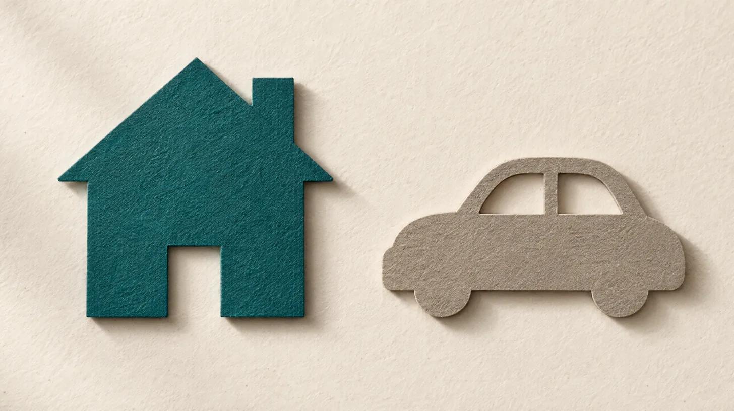 Paper cutouts of a teal house and a taupe car side by side, representing personal lines auto and home rating software
