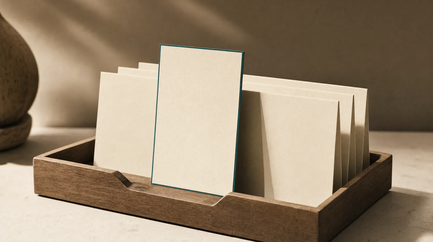 Cards standing in a wooden tray with one raised and edged in teal, representing comparing raters to find the best fit