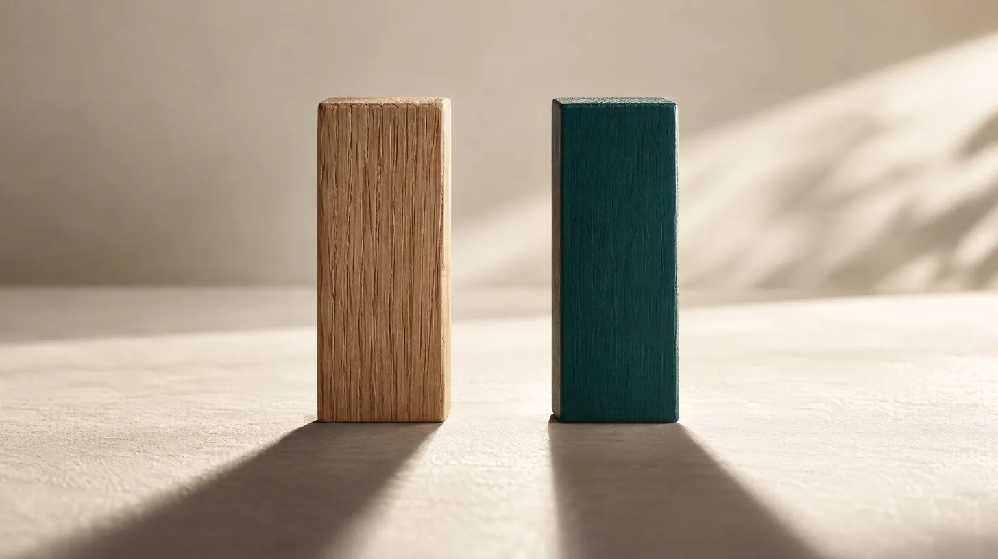 Two upright wooden blocks facing each other, one oak and one teal, representing EZLynx compared head to head with ITC TurboRater